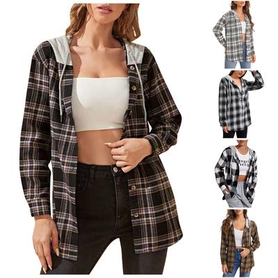 Camisa de manga larga con capucha y un solo pecho a cuadros con temperamento para mujer de moda