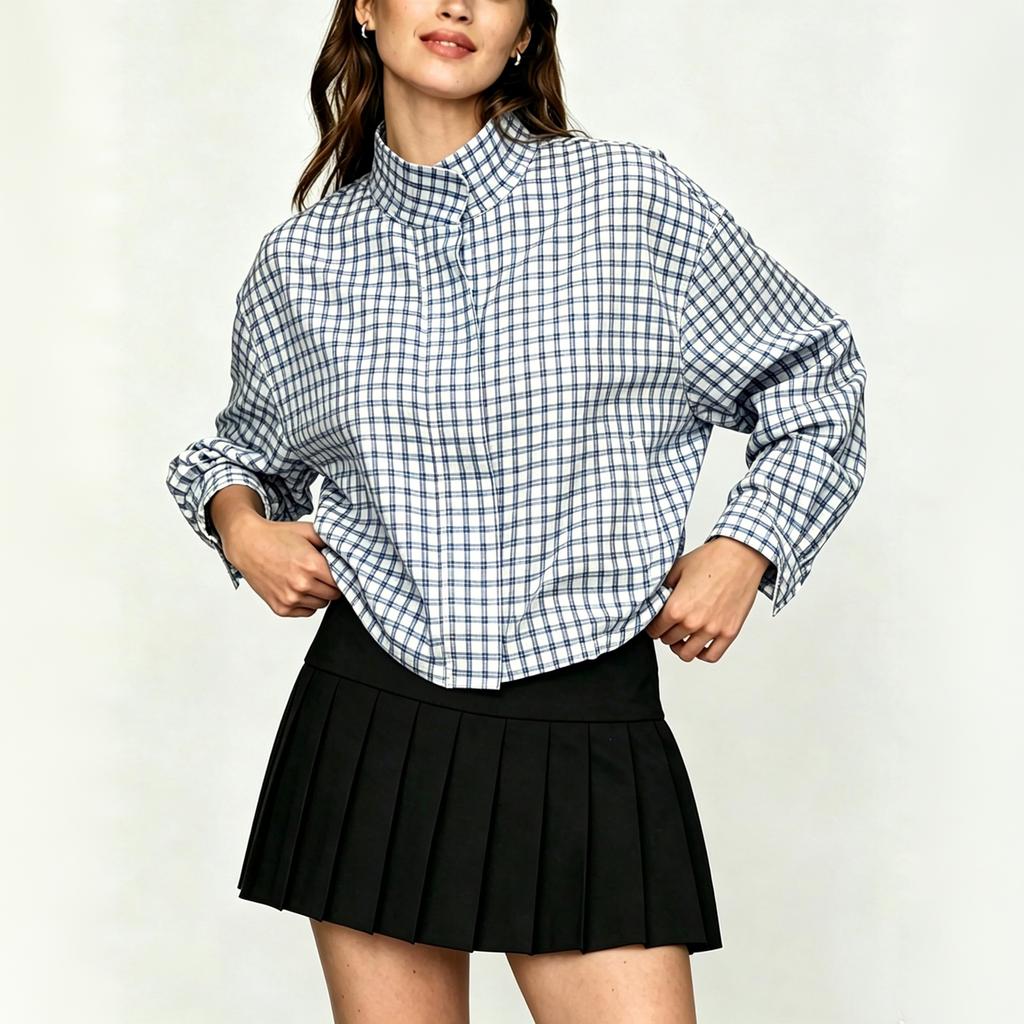 Women's Plaid Short Zip-Up Jacket with Long Sleeves and Stand Collar