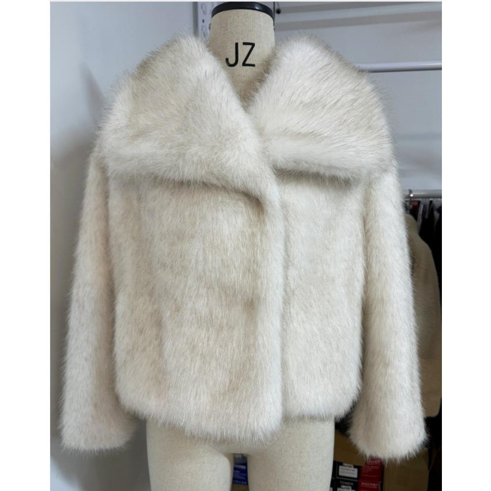 Women's Lapel Long Sleeve Faux Fur Short Coat Loose Sweet Solid Color Warm Winter Furry Outerwear Jacket
