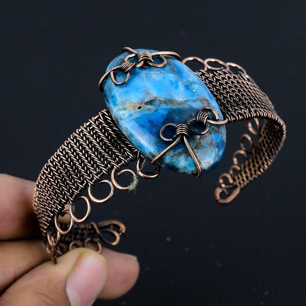 Neon Blue Apatite Bangle, 999 Copper Wire Wrapped Jewelry, Gemstone Bangle, Gift For Her Handmade Dainty Jewelry