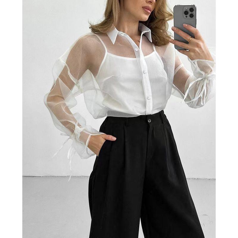 European and American Summer Mesh Sexy Perspective Lapel Drawstring Shirt Mesh Sexy Special Shirt