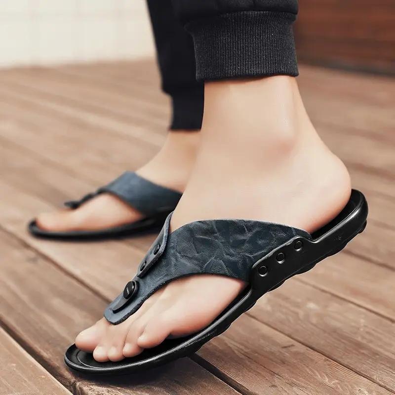 Fashion Flat Flip Flops Genuine Leathe Shoes Shiatsu Sandals Man Fun Casual Designer Luxury Mascullino 2025 Style Eva Slippers for Men