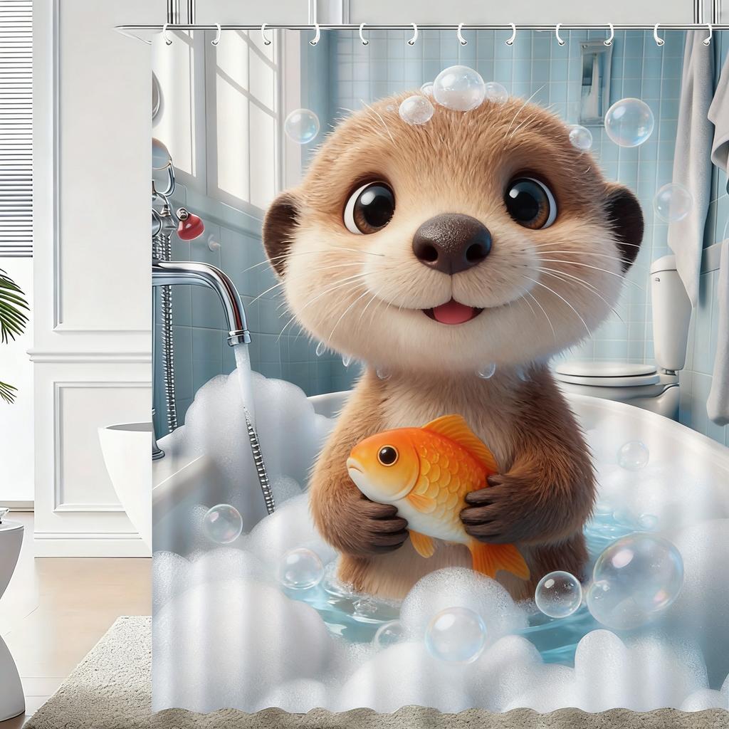 Cute 3D Cartoon Penguin Bathing with Bubbles Waterproof Shower Curtain - Fun Bathroom Decor