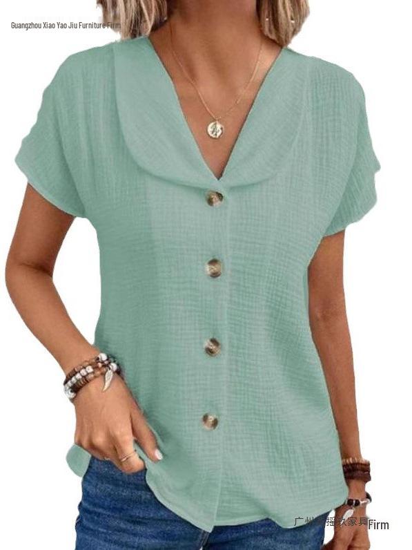 Summer Solid Color Short-Sleeve Button-Up Cardigan for Women