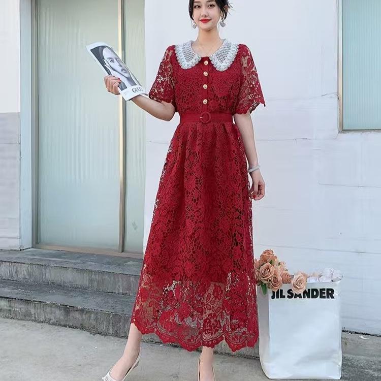 Damen Französisch Süß Farbblock Peter Pan Kragen Slim Fit Midilänge Spitzenkleid