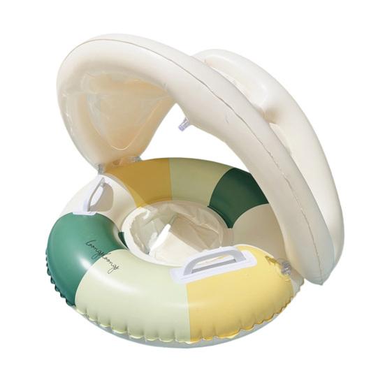 Baby Swim Ring with Detachable Canopy, Inflatable Striped Pool Float Seat with Handle, Sun Protection Swimming Pool Ring for Toddlers зелёный