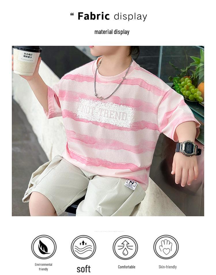 Children's Handsome Summer 2026 Casual Letter Stripe Short Sleeve Two-Piece Set