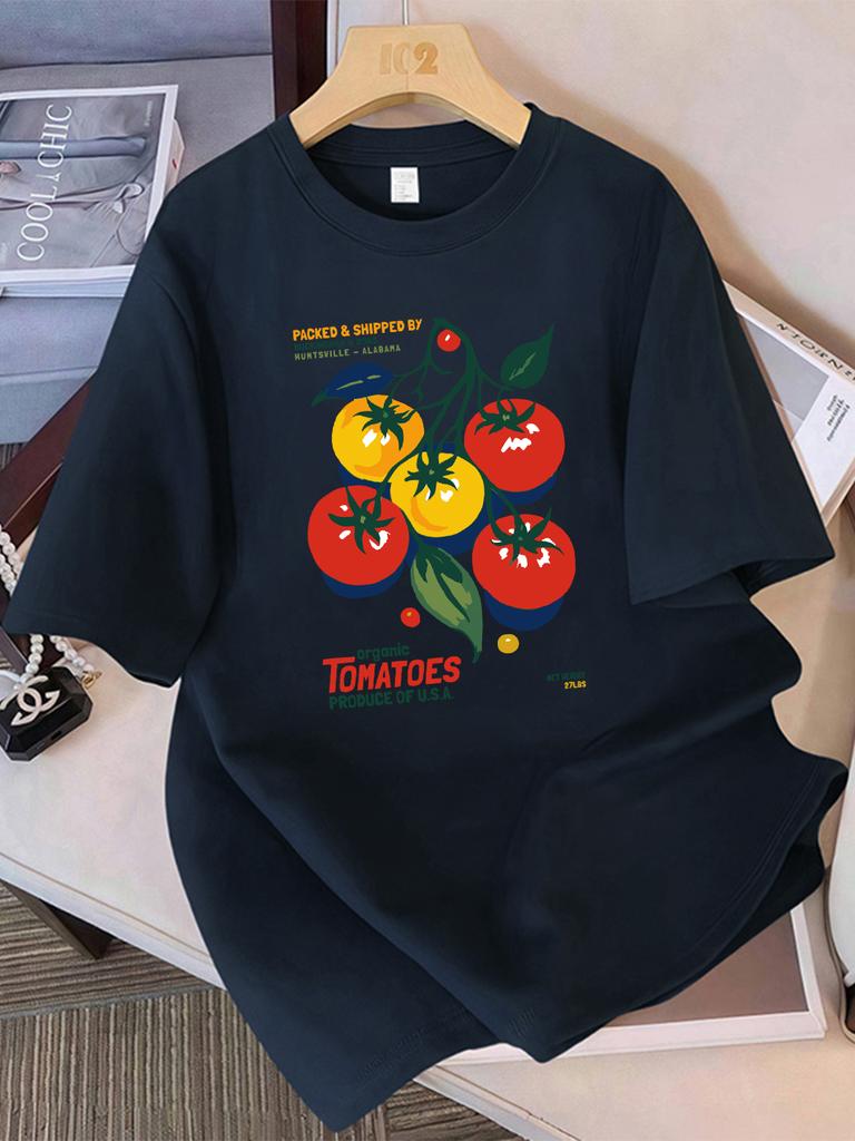 Summer Cotton T-Shirts Women Organic Tomatoes Produce Of Usa Prints Short Sleeve O-Neck Comfortable Loose Tops Casual Clothes