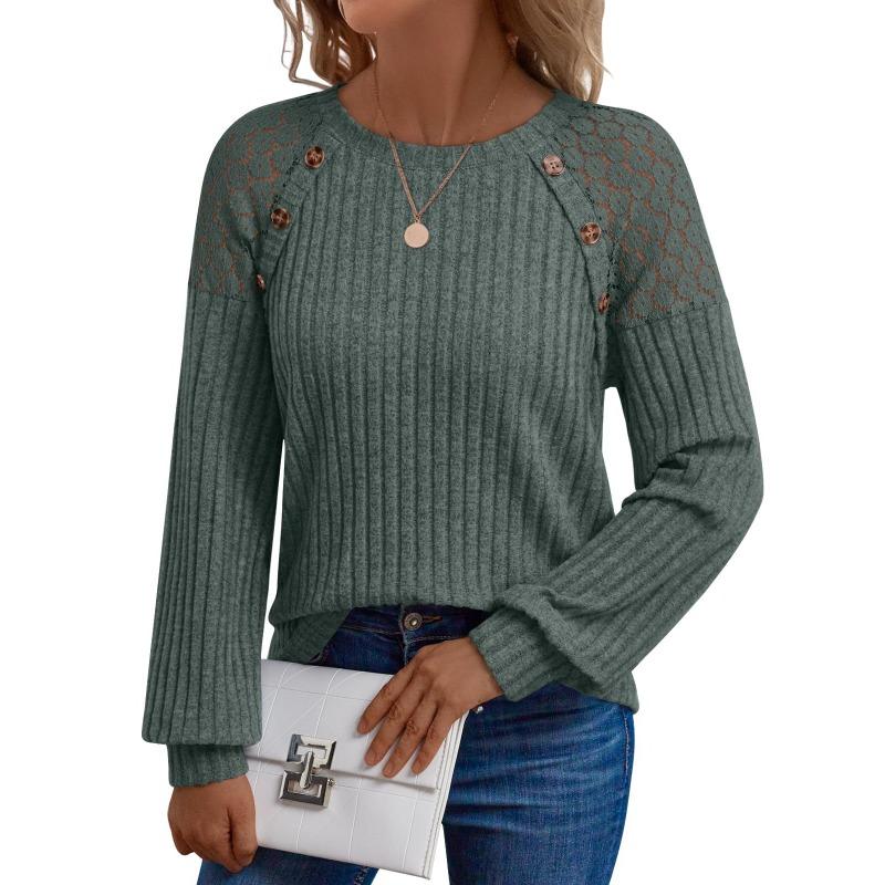Women's Round Neck Solid Color Hollow Button Long Sleeved Casual Patchwork Top