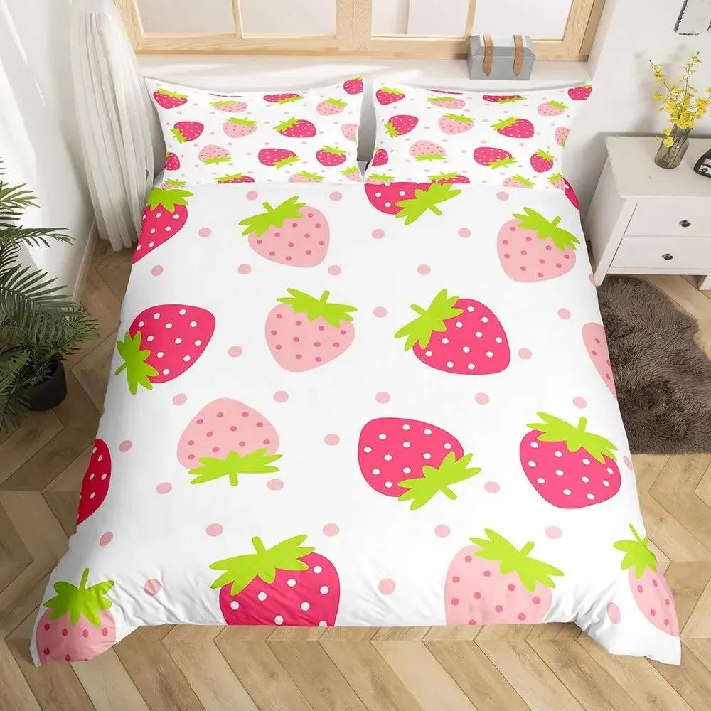 3Pcs Full Size Sweet Strawberry Bedding Set Duvet Cover for Kids Children Teens Comforter Cover Bed Room Decor Pink Quilt Cover