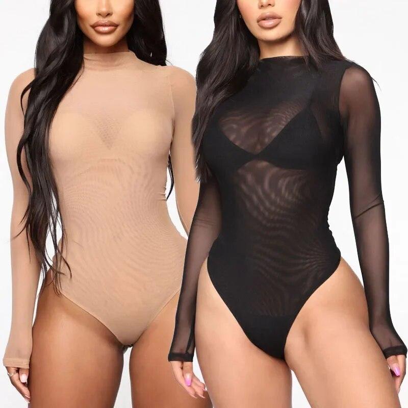 Women Sexy Long Sleeve Jumpsuits See-Through Mesh Lace Lingerie Solid Color   Fashion Women Turtleneck Bodysuit