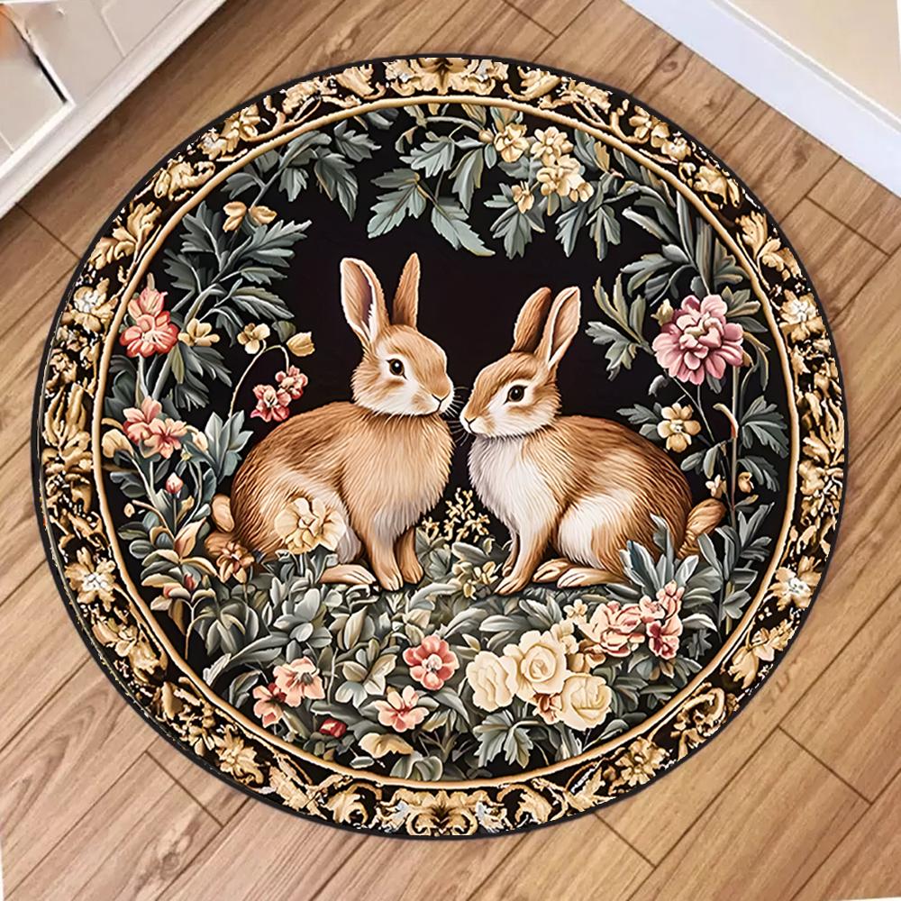 Cute Rabbit Round Carpet Ethnic Style Flowers Bunny Area Rug Soft Non-slip Animal Home Decor Floor Mat Holiday Living Room Decor