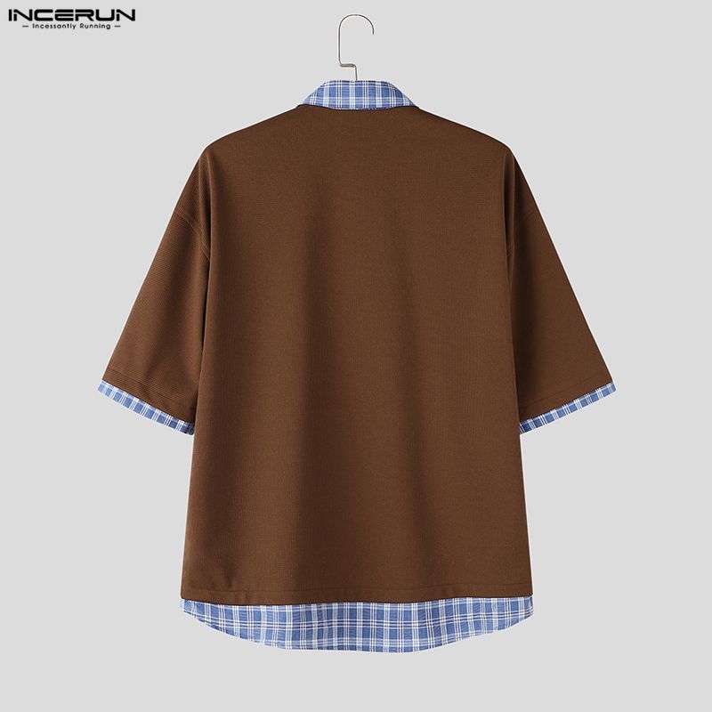 INCERUN Oversized Men Stitching Lapel Neck Short Sleeve Plaid Print Casual Texture T-shirts Tops