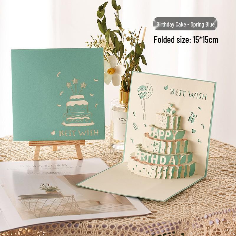 Handmade 3D Blue Birthday Card with Music and Cake Design – Elegant Gift for Friends