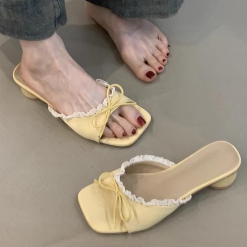 Designer Zomer Vlinderknoop Kant Dames Pantoffels Casual Dikke Lage Hak Jurk Straatstijl Slippers Pantuflas Chinelo Feminino