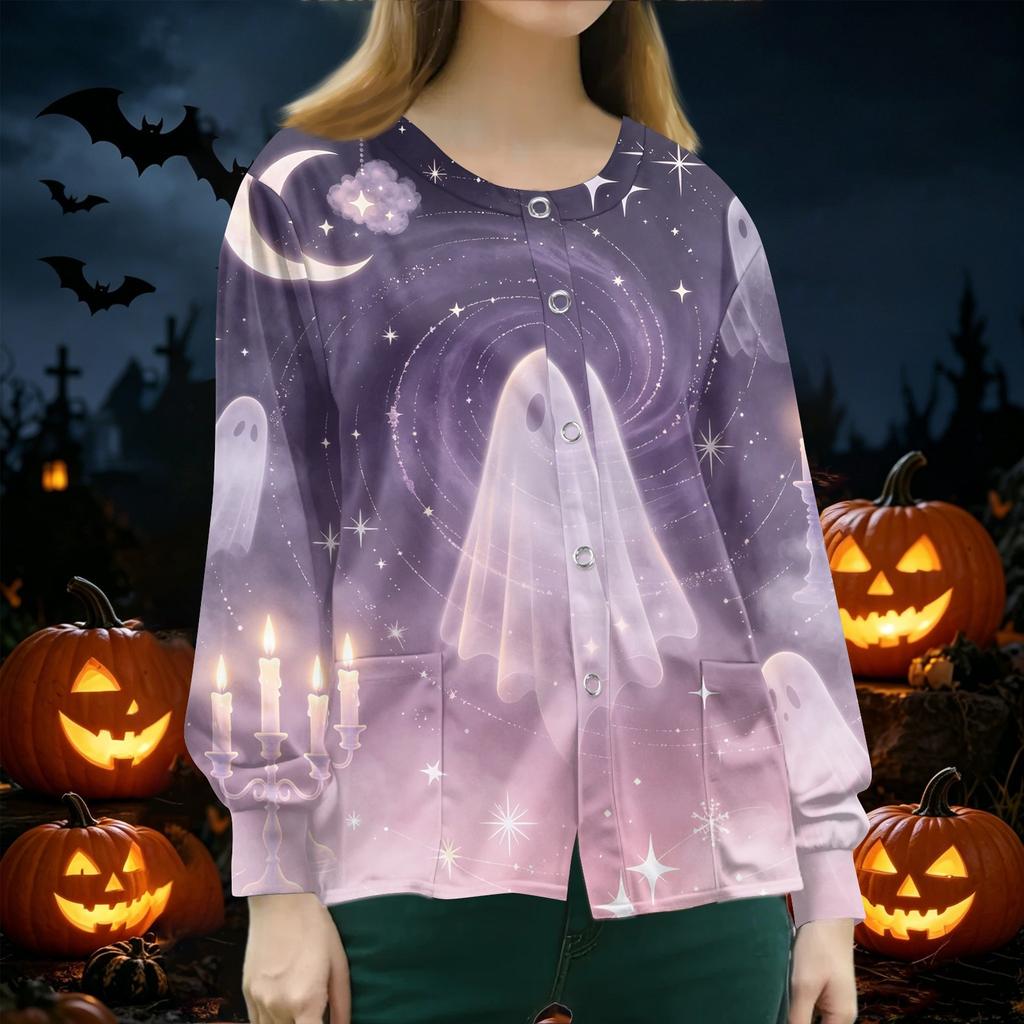 Women's Halloween Print Scrub Long Sleeve Cardigan Button Down for Casual Daily Wear