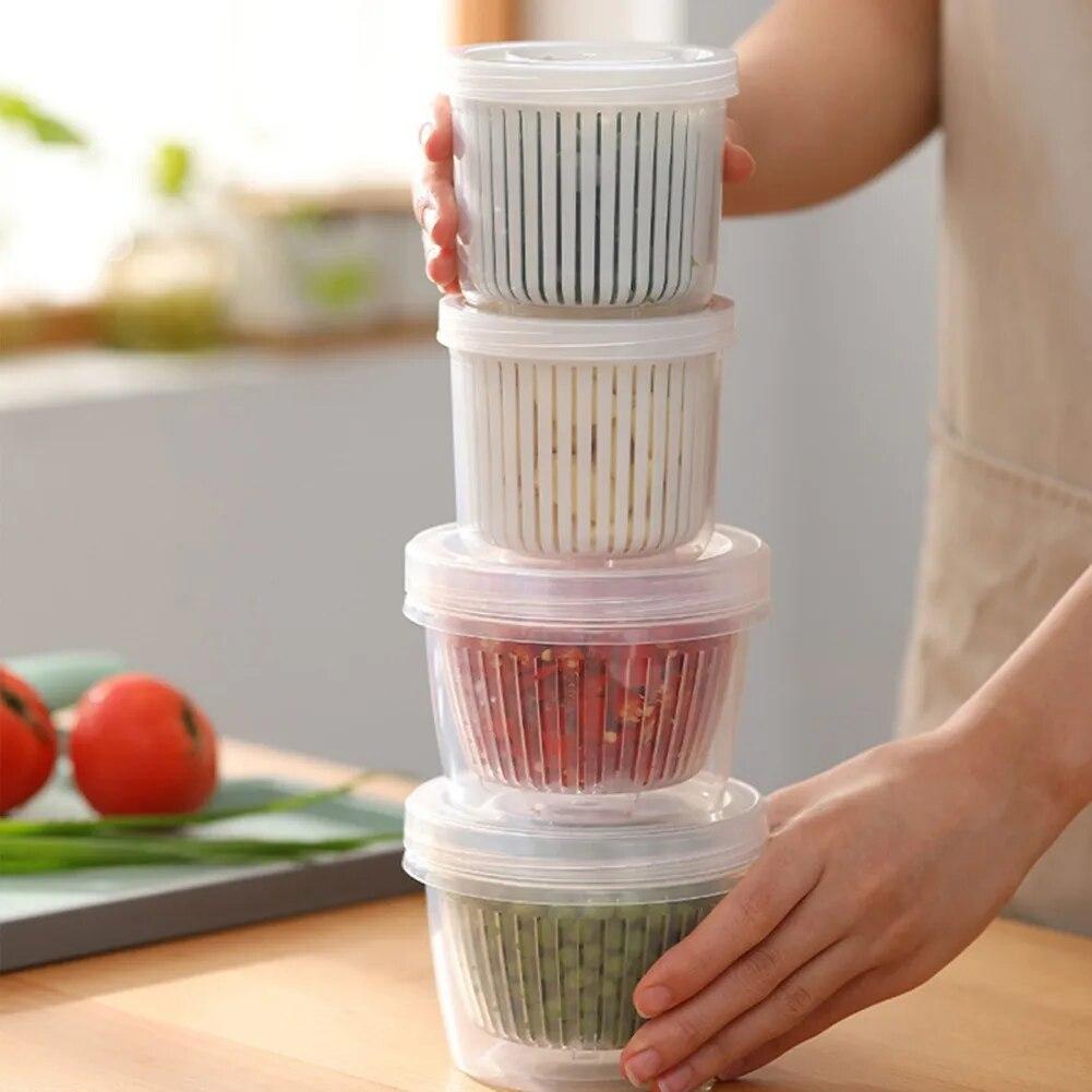 Double-Layer Drain Basket Lid Refrigerator Crisper Round Washing Vegetable Basket Kitchen Organizer