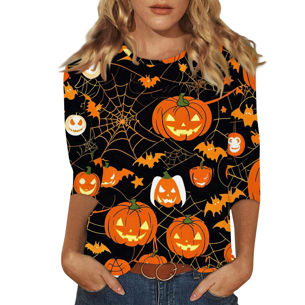 Women's Fashion Casual Three-quarter Sleeve Halloween Printed Round Neck Top