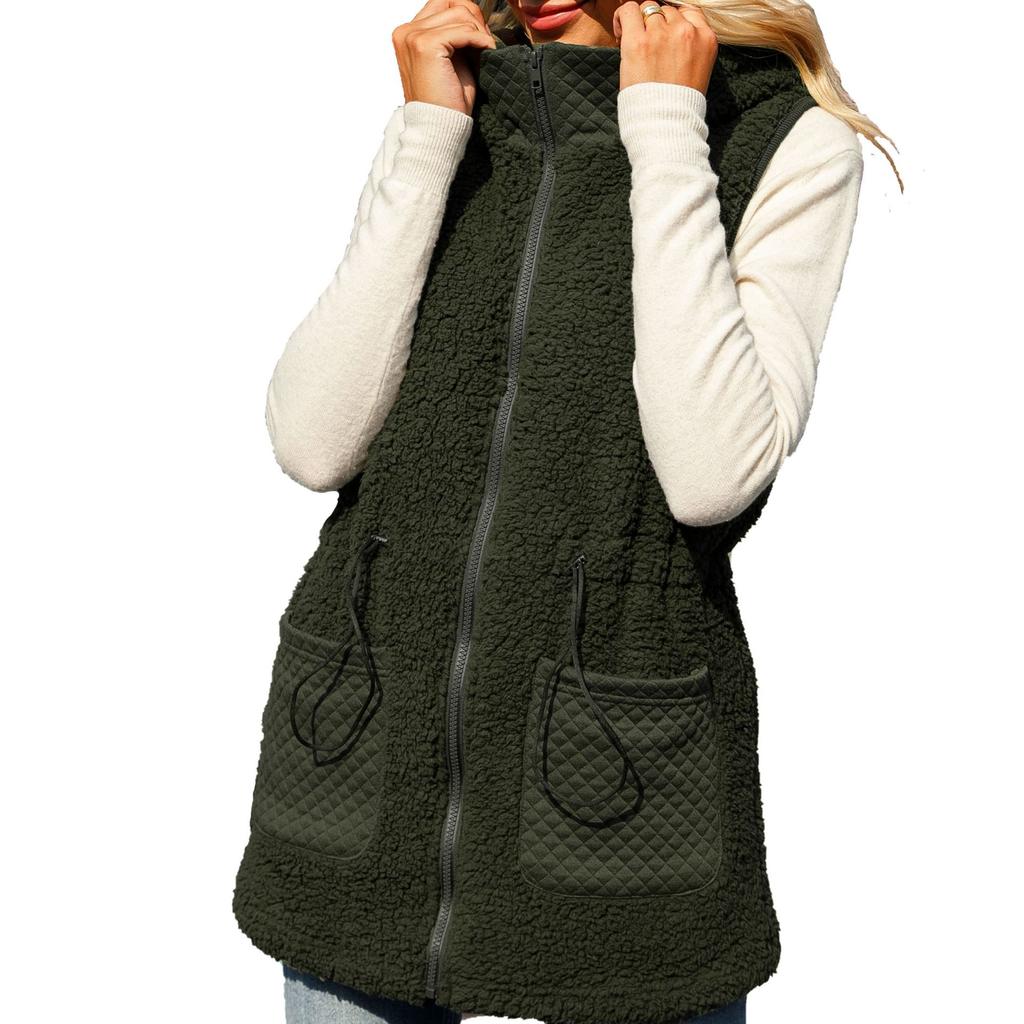Autumn Outfit, Women's Style, Hooded Vest, Sleeveless Zipper Jacket, Medium Length, Solid Color, Adjustable Waist Circumference, Bubble Velvet Vest