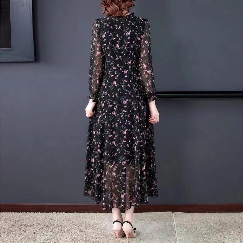 Female Spring Floral Print Dress Youthful and Elegant Chiffon Maxi Dress