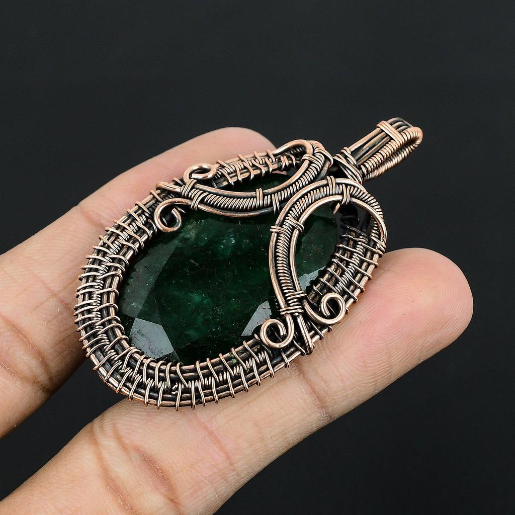 Emerald Pendant, 999 Copper Wire Wrapped Pendant Gemstone Jewelry, Handmade Pendant Amazing Jewelry, Gift For Her