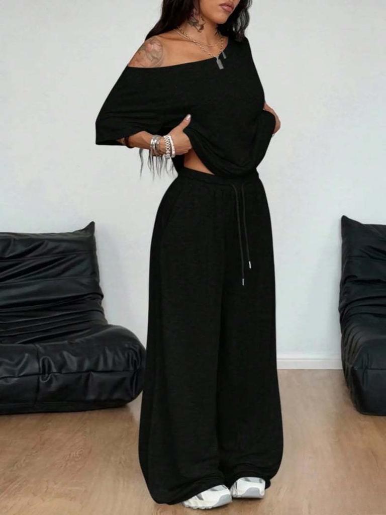 Women's Drop Shoulder Short Sleeve T-Shirts Loose Fit Wide Leg Pants Sets Casual Two Piece Outfits