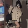 Fashion Versatile College Style Knitted Cardigan Women's Autumn and Winter V-Neck Contrasting Striped Sweater Jacket Loose Large Size