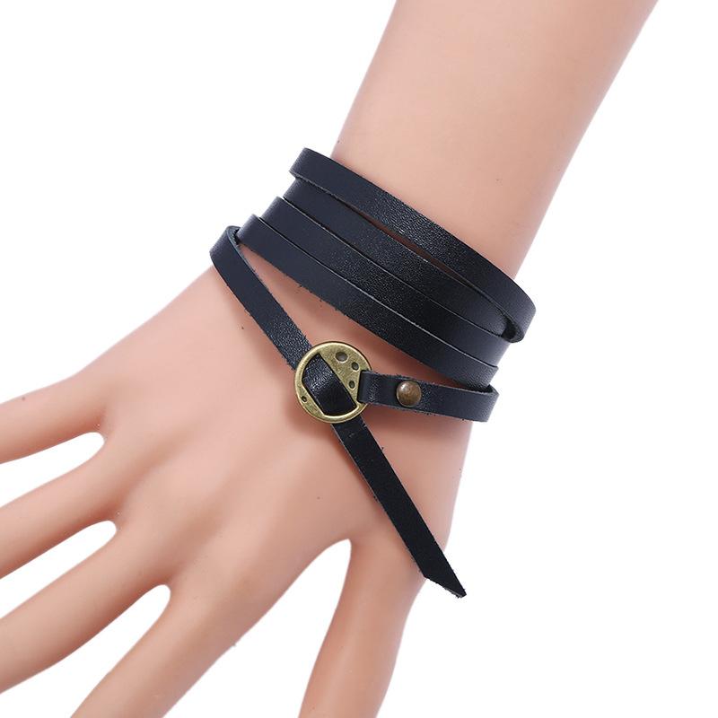 

Five Circle Embossed Cowhide Bracelet Vintage Simple Multi Loop Bracelet Fashion Buckle Leather Bracelet чорний