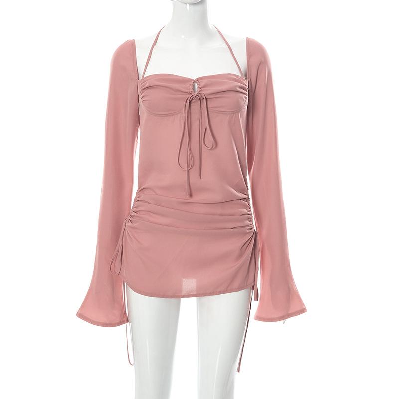 Baby Pink Cutout Halter Mini Dress Club Party Drawstring Mesh Ruched Solid S-L