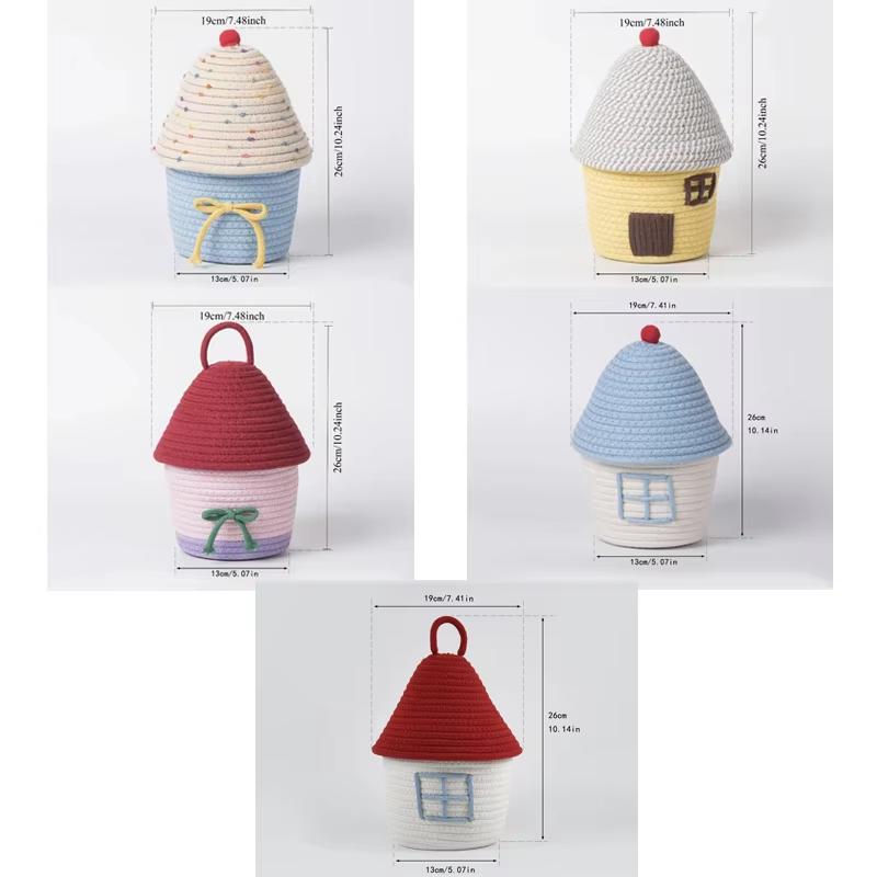 

A random style cotton thread woven creative living room bedroom decoration basket with lid, small house storage box