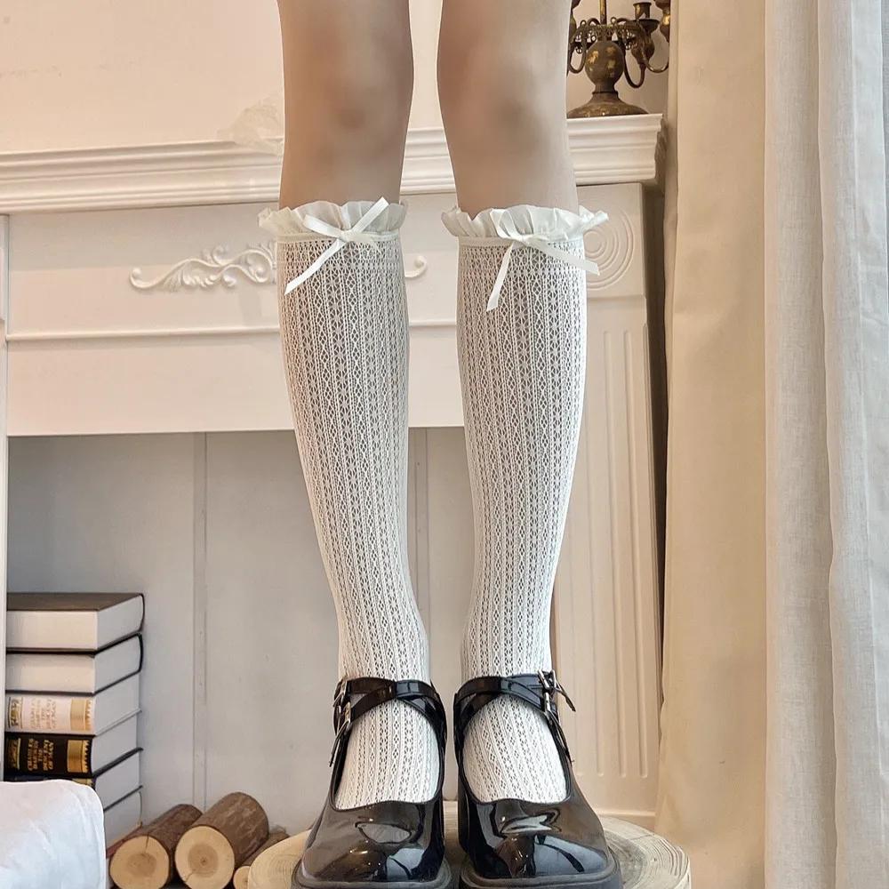 Japanische Retro-Frauenstrümpfe mit Rüschen, lange Socken, Lolita-Stil, weiße Spitze, kniehohe Socken, süße Mädchen, niedliche Schleife, Oberschenkelhohe Strümpfe