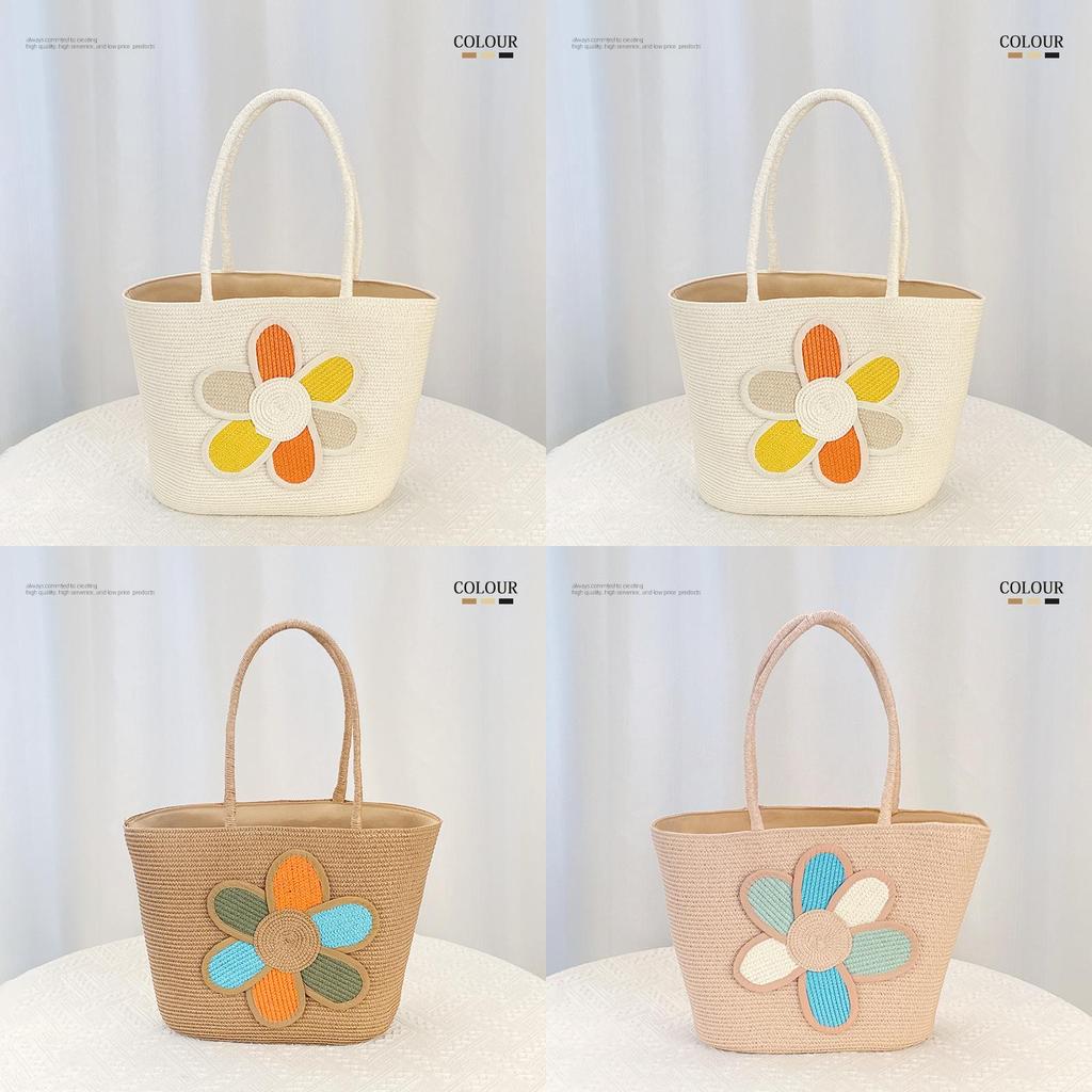 Simple Flower Color Blocked Pattern Women Large Capacity Woven Tote Bag For Summer Casual Use