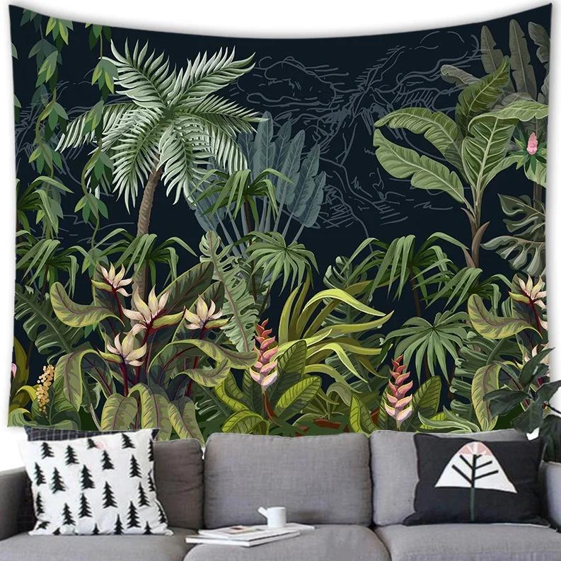Home Decor Floral Tropical Jungle Fauna and Plant Leaves Tree Retro Style Tapestry Wall Hanging Room Poster Background Fabric