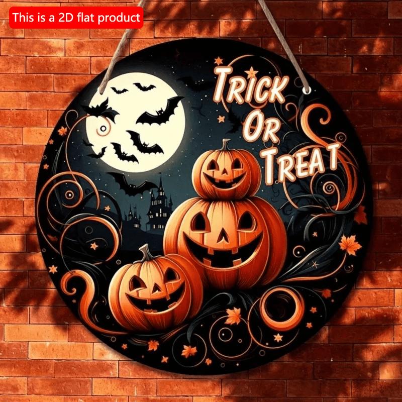 2d Flat 20*20cm, Halloween Home Decoration, Pumpkin "trick or Treat" Wooden Circular Logo Creative Decoration Board, for Home, Bar, Cafe, Garden Decor