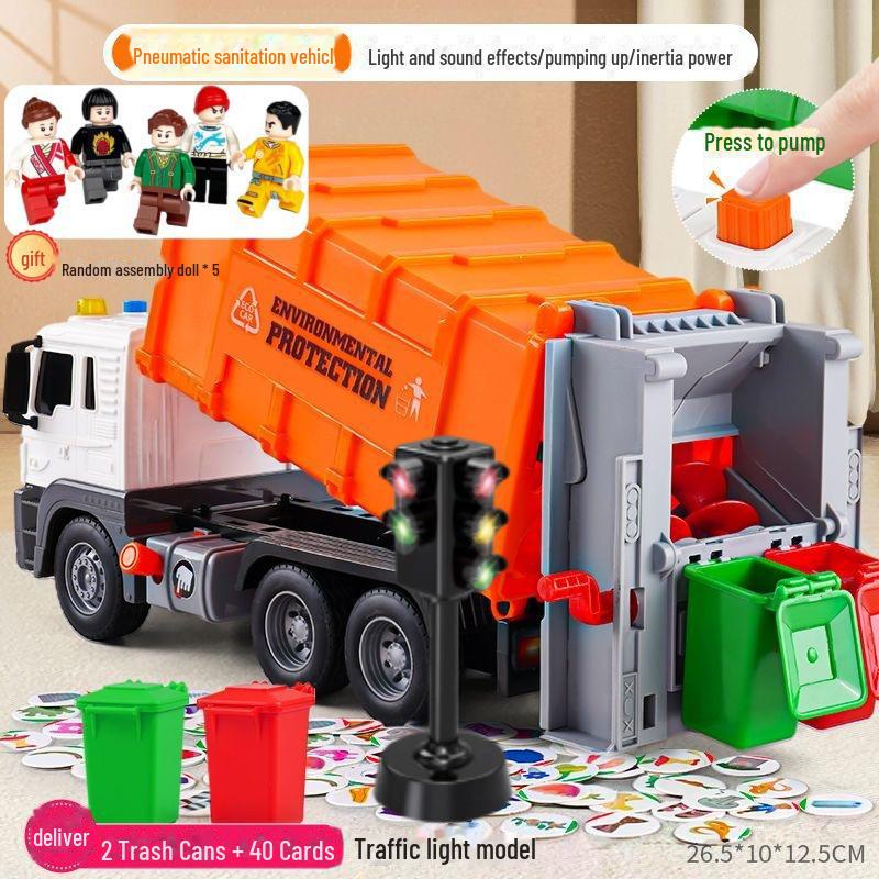 Inertial Garbage Truck Toy with Inflatable Lift and Sorting Bins - Kids' Sanitation and Sweeping Simulation
