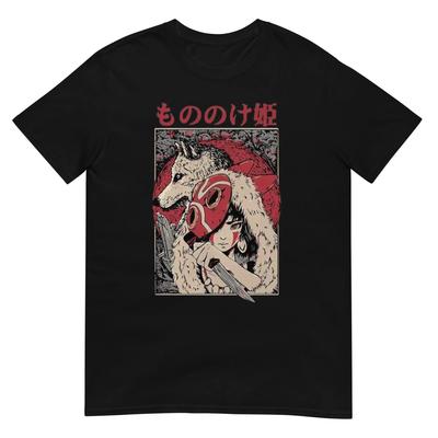 Men's Casual T-Shirt Mononoke Hime Princess with Wolf Red Mask Ukiyo-e Style Red Black White Graphic Print Short Sleeve Trendy