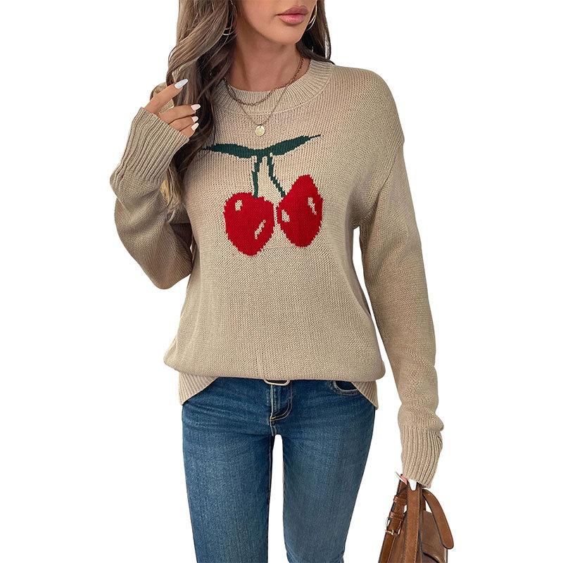 Womens Cherry Print Sweater Crewneck Long Sleeve Drop Shoulder Knit Sweater Ribbed Knit Cute Loose Pullover