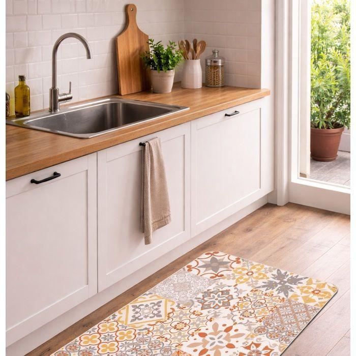Tapis de cuisine décoratif - EDEN - 45 x 75 cm - Motif carreaux de ciment - Anti-dérapant - Orange