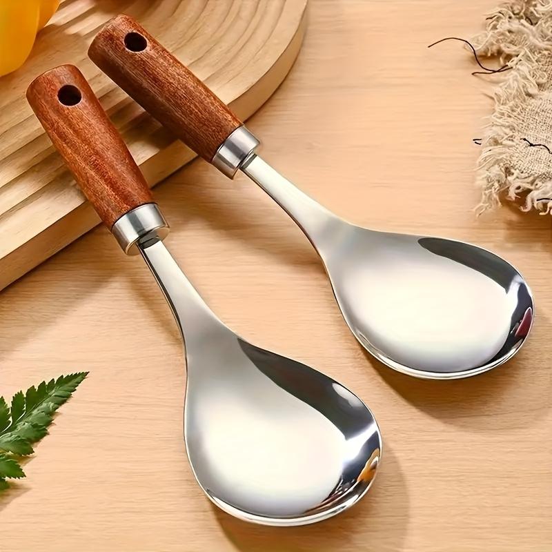 [Stainless Steel | Wooden] 2pcs Stainless Steel Wooden Handle Soup Spoon Set - Non-Stick Kitchen Utensils for Cooking, Dining