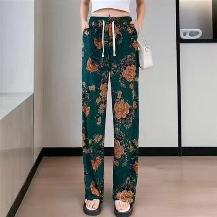 Summer Women's Wide Leg Pants Loose Chinese Style Floral Pants Straight Leg Women's Pants