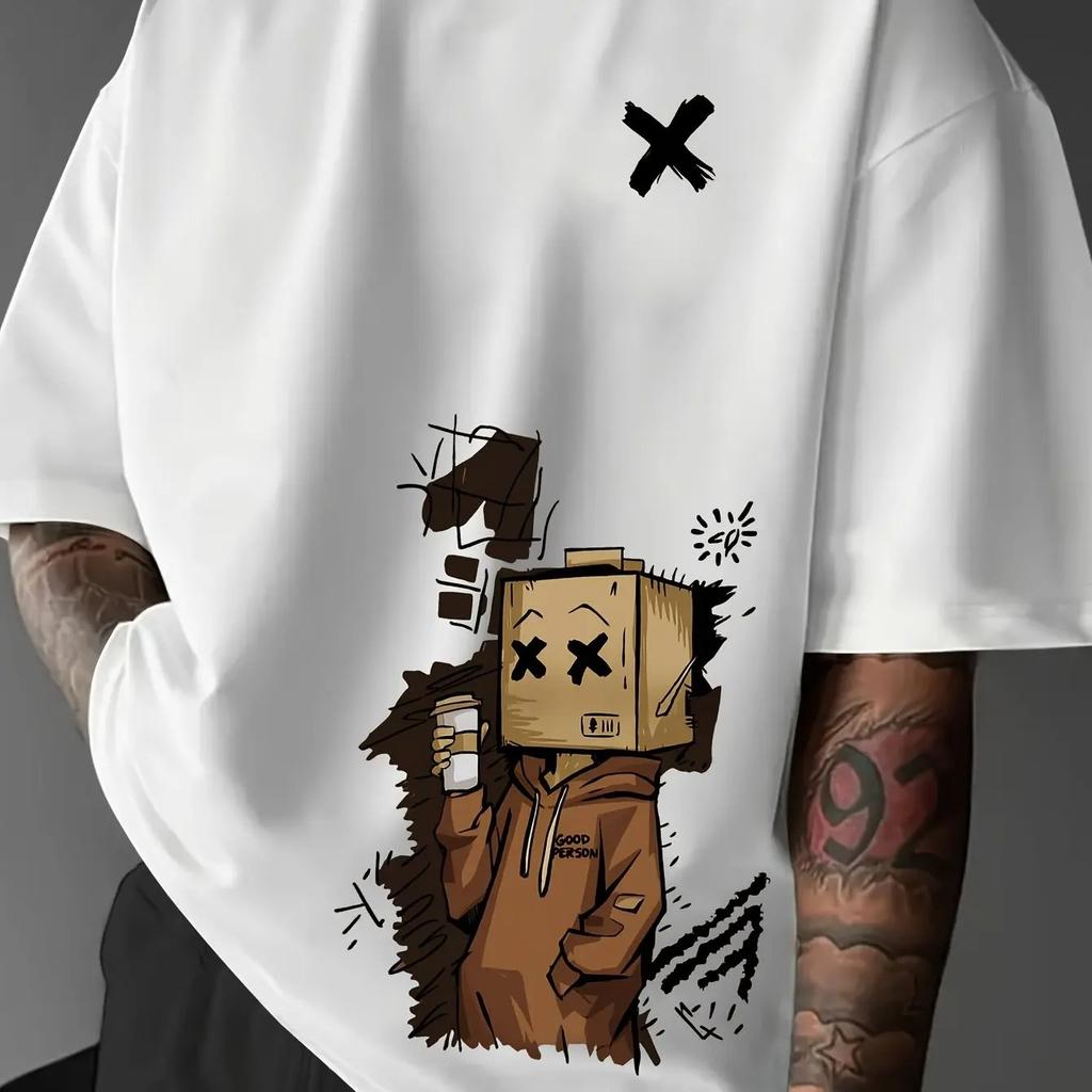 Summer Mens 100Cotton Fashion Casual Sports Loose Trend Graffiti Print Round Neck Short Sleeve TShirt Street Soft Comfortable