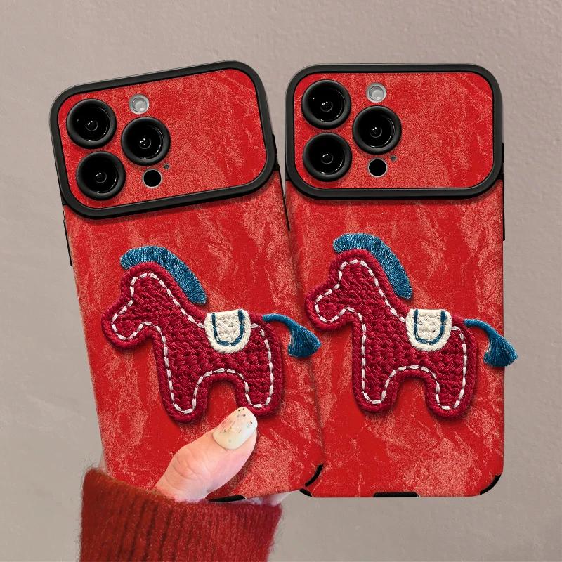 Horse Year Luxury Case for 17 16 Pro Max Casing 15 16 14 Pro 13ProMax 12 11pro Max Phone Cases Red Leather Cover with Wrist Strap