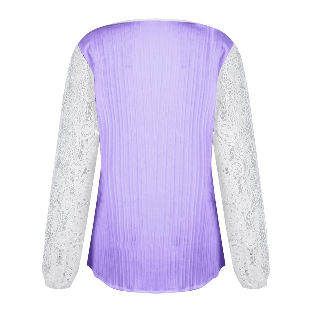 Women's Loose V-neck Lace Patchwork Long Sleeved Casual T-shirt Top