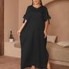 Plus Size Middle Eastern Women's Solid Color Round Neck Bow Slit Long Dress - Loose, Elegant, and Comfortable