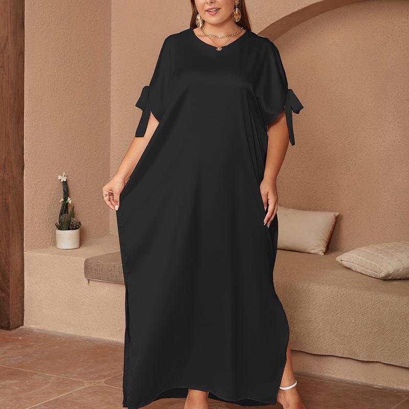 Plus Size Middle Eastern Women's Solid Color Round Neck Bow Slit Long Dress - Loose, Elegant, and Comfortable