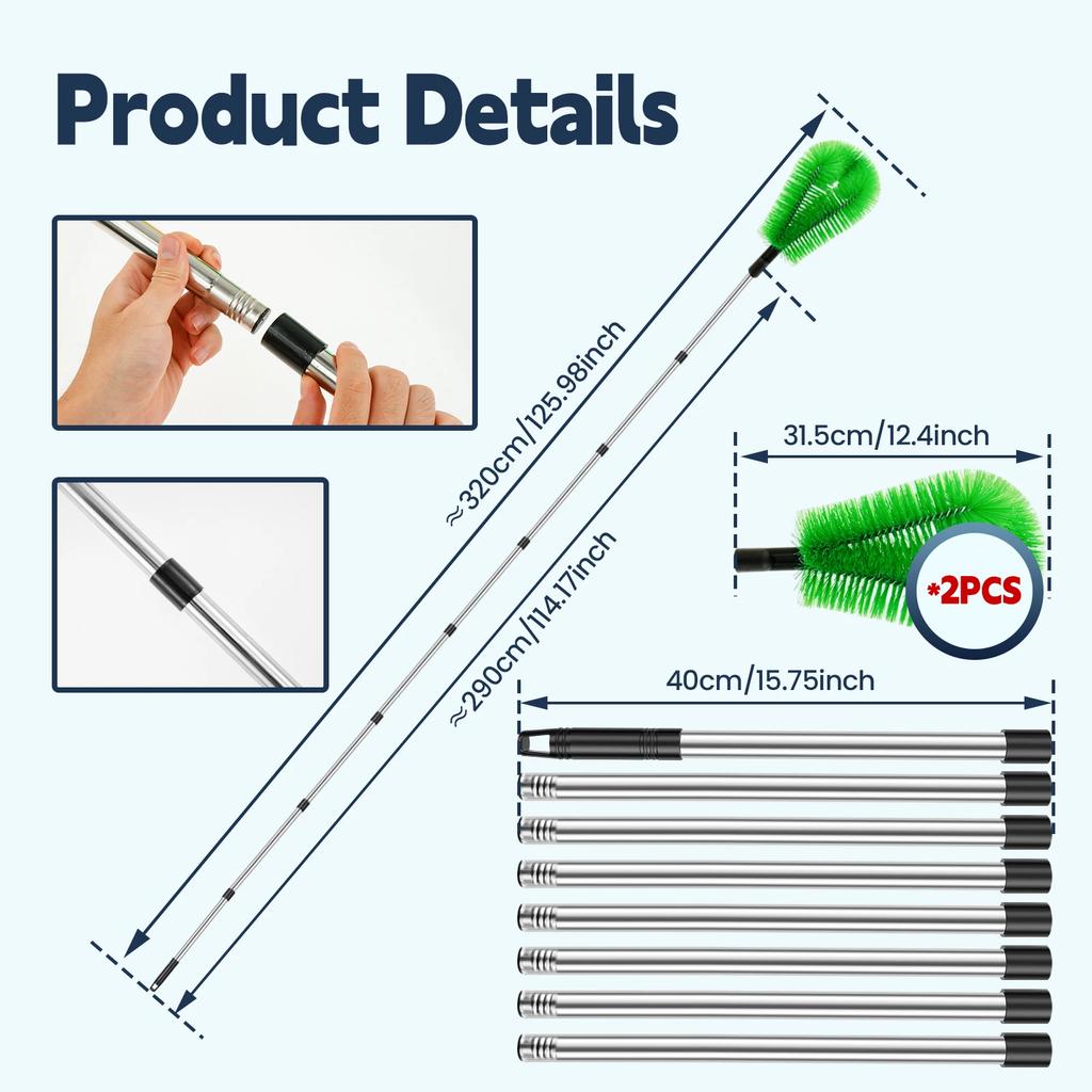 Gutter Cleaning Brush Telescopic Gutter Clean Tools with 2 Brush Heads and 8 Stainless Steel Tube Total length 320cm for Home