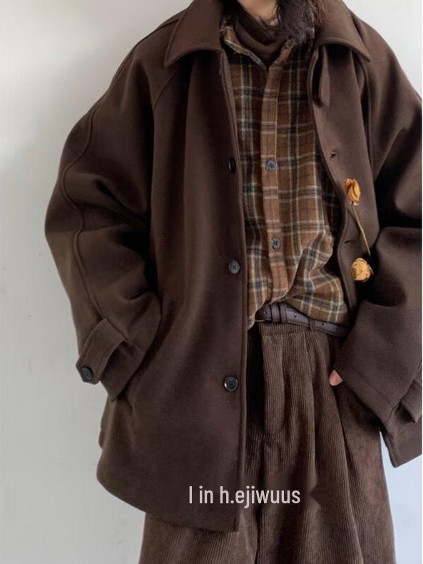 Unisex Retro Japanese Woolen Coat - Single-Breasted, Loose Fit, Raglan Sleeve