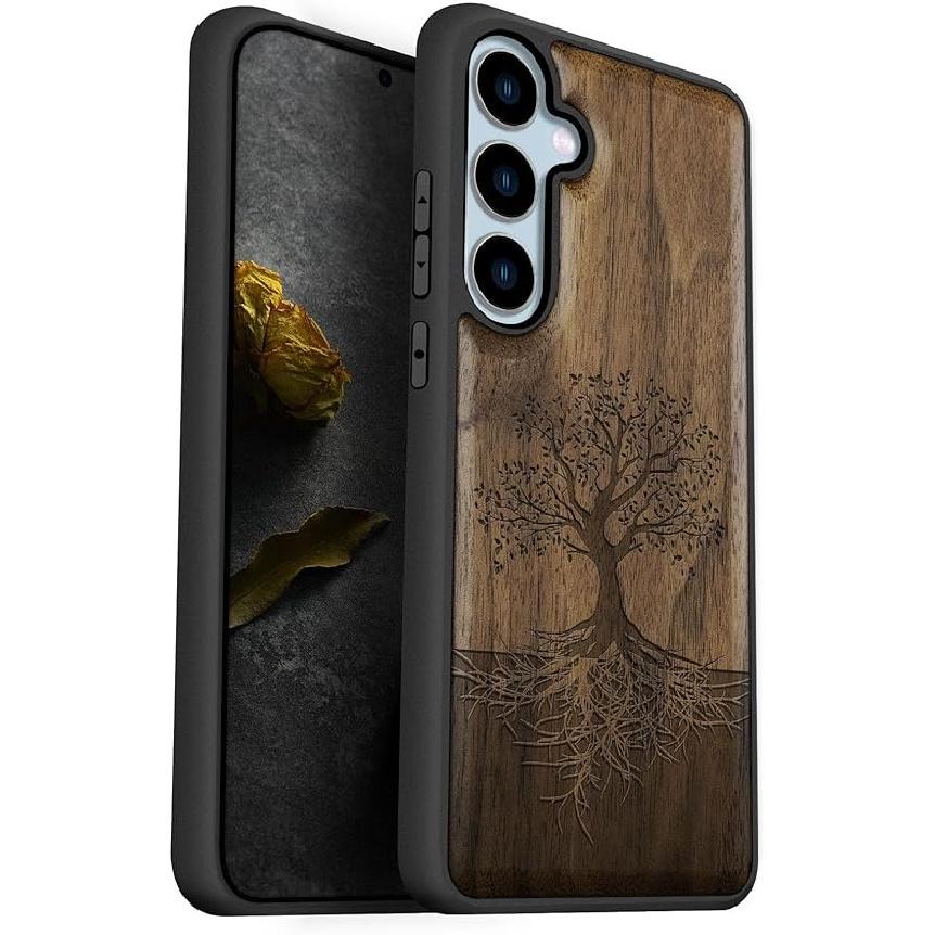 

Carveit Wood Case for Galaxy S24 FE Case [Natural Wood & Black Soft TPU] Shockproof Protective Cover Unique Wooden Design Compatible with S24 FE Yin Yang Tree-Walnut