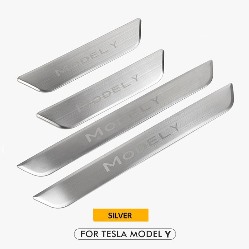 

Украшение порога, чехол для Tesla Model Y 2023, аксессуары, защитная полоса для педали, карбоновый узор, автомобиль серебряный
