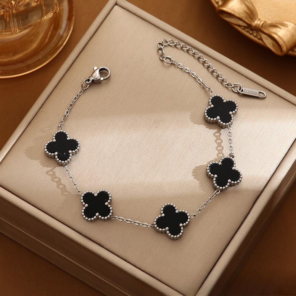 

Стального цвета Браслет Четырехлистный цветок 13 мм Цепочка из титановой стали Четырехлистный клевер Двусторонний Не выцветающий OL Перламутровый Изысканный браслет